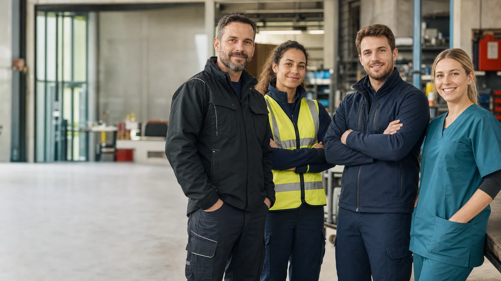 Verschiedene Mitarbeitende in professioneller Berufsbekleidung mit Logo-Anwendung