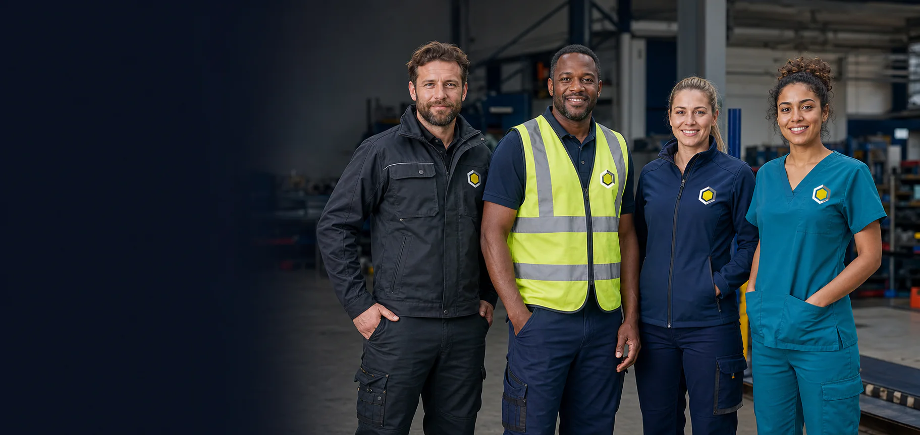 Mitarbeitende aus Handwerk, Logistik und Pflege in abgestimmter Arbeitskleidung